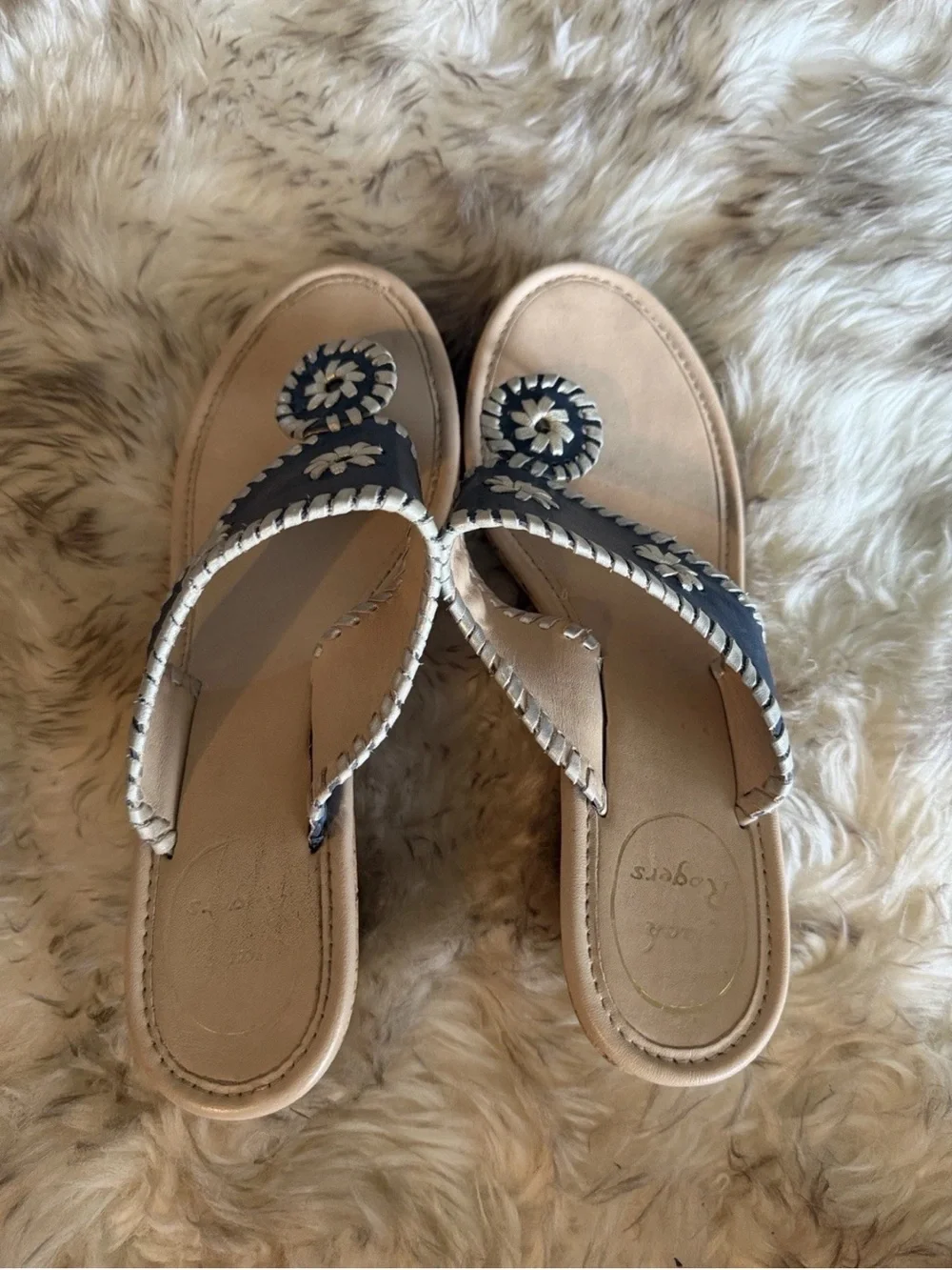Jack Rogers Navy Blue & silver leather Wedge cork thing slip on hampton Sandals